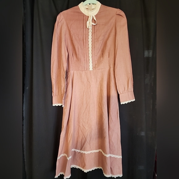 Vintage Dress Brick & Tan With Lace. Cottagecore Prairie Dress Medium - Picture 1 of 13